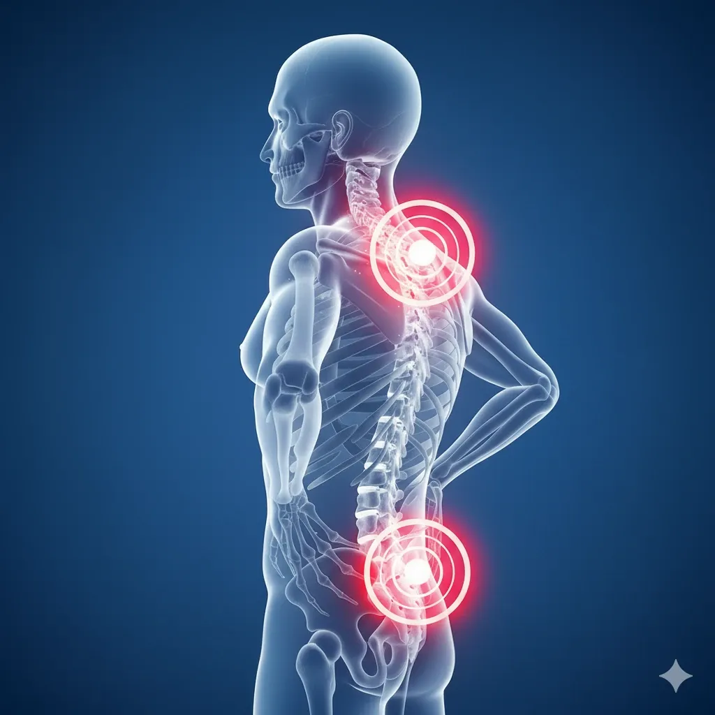 척추 및 목 통증 부위를 나타내는 인체 해부학 이미지 - 디스크, 협착증, 거북목 치료
